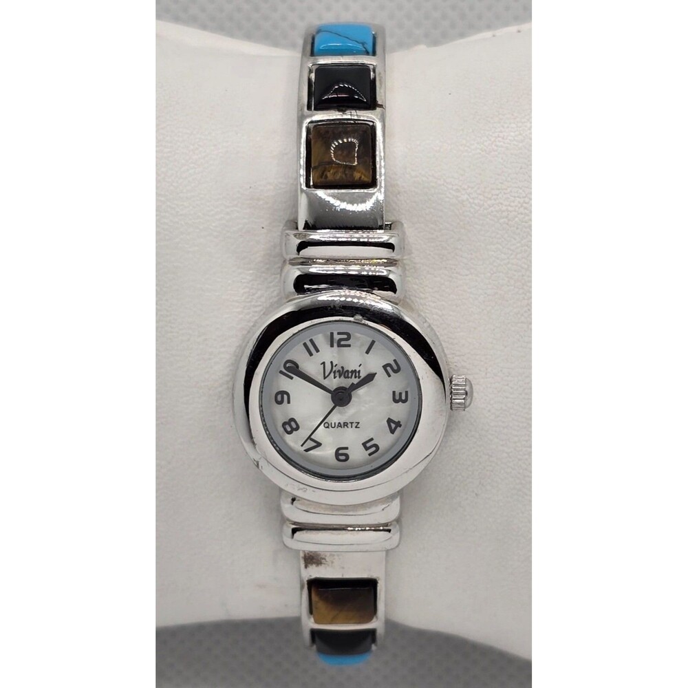 Women's Vivani Petite Round White Dial Silver Tone Case Cuff Bracelet Watch 04